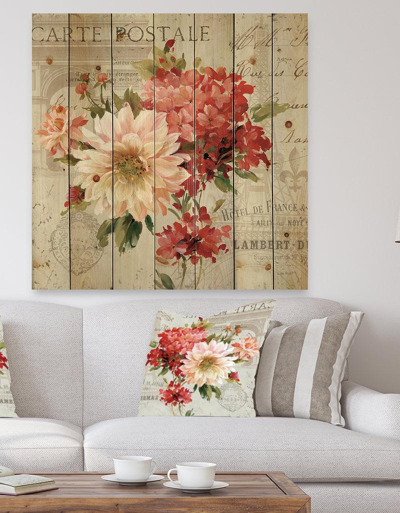 DesignQ Red Painted Flowers on Vintage Postcard I - Traditional Print on Natural Pine Wood