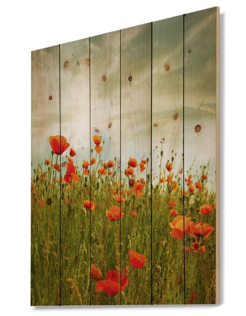 DesignQ Red Poppy Flowers In Green Field - Floral Print On Natural Pine Wood