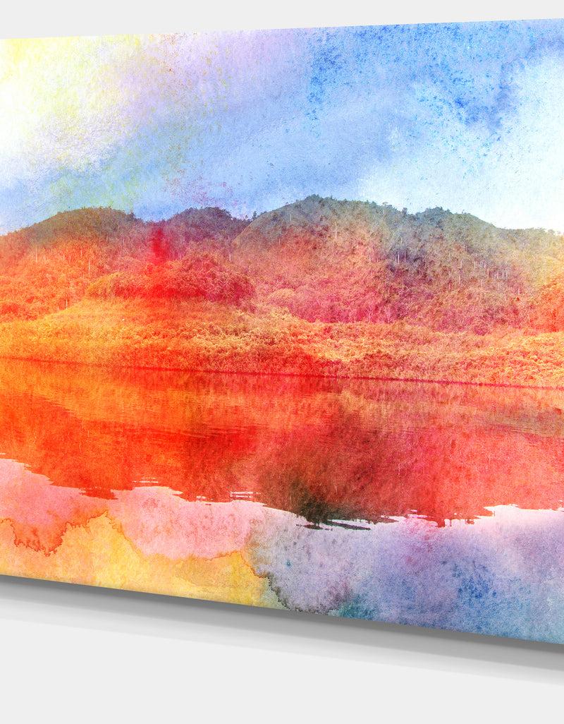 DesignQ Red Retro Island Watercolor - Landscape Painting Canvas Print