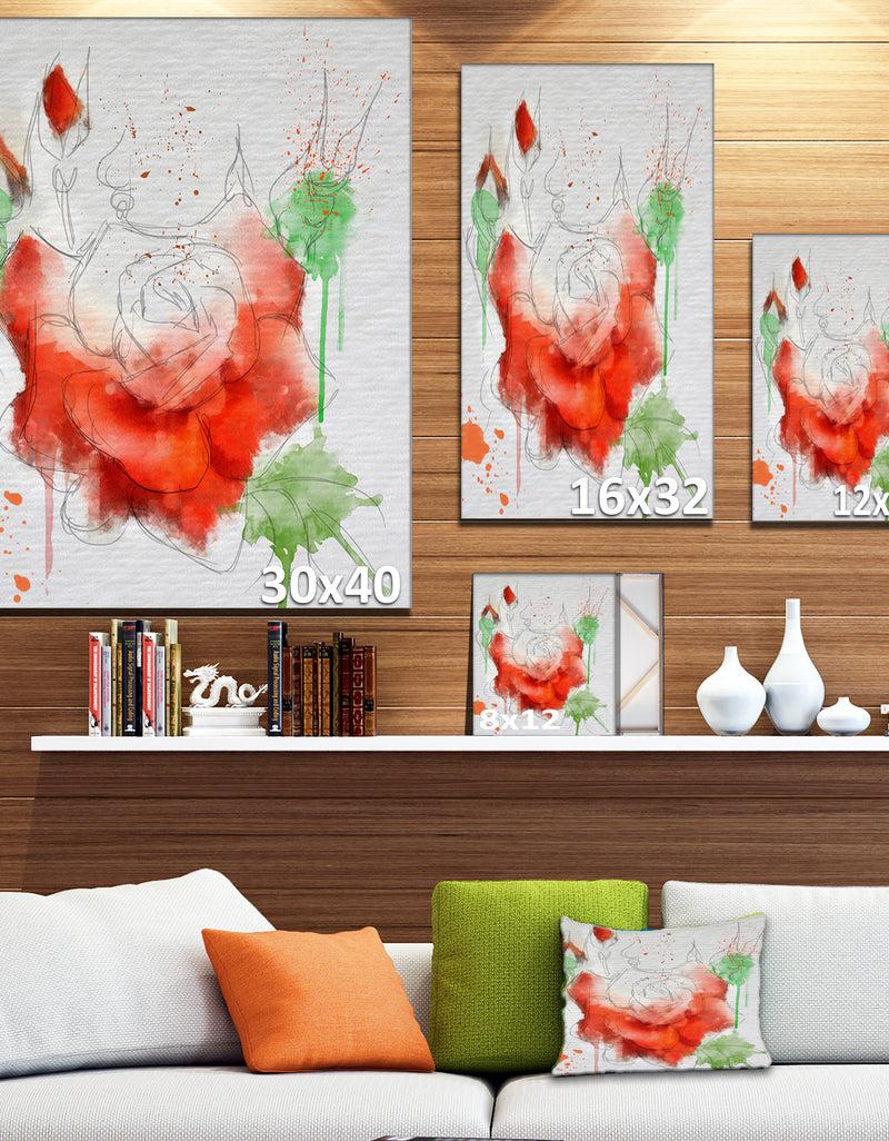 DesignQ Red Rose Illustration Watercolor - Modern Floral Canvas Wall Art