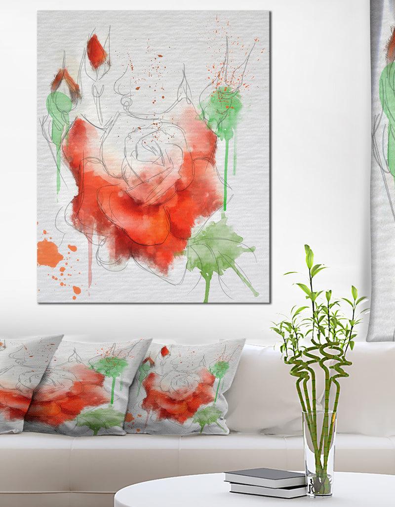 DesignQ Red Rose Illustration Watercolor - Modern Floral Canvas Wall Art