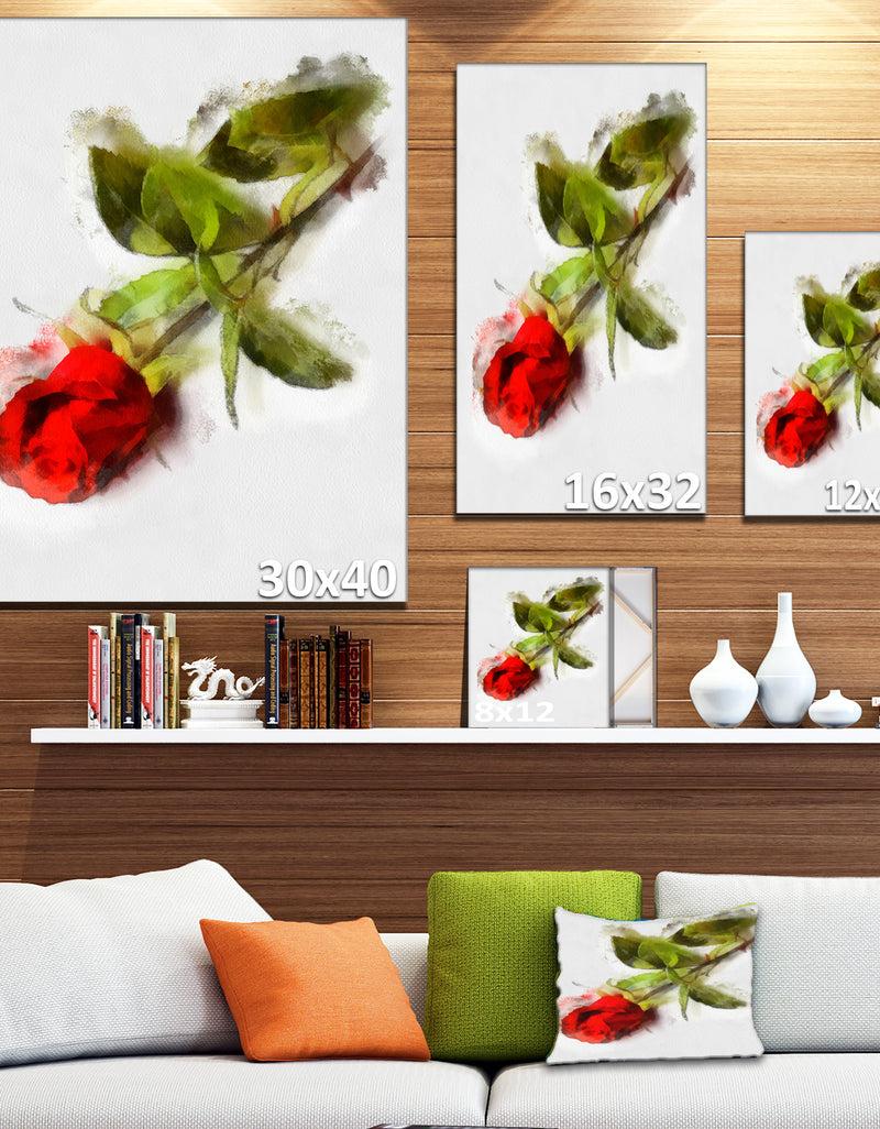 DesignQ Red Rose With Stem Drawing - Flower Artwork On Canvas