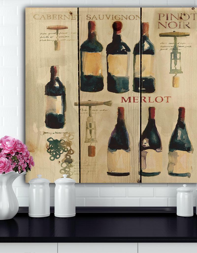 DesignQ Red Sauvignon Wine Collage - Food and Beverage Print on Natural Pine Wood