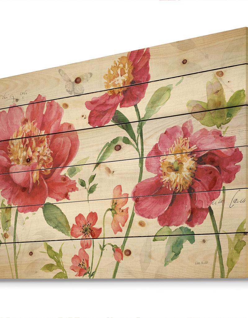 DesignQ Red Springflowers And Butterfly - Cabin & Lodge Print On Natural Pine Wood
