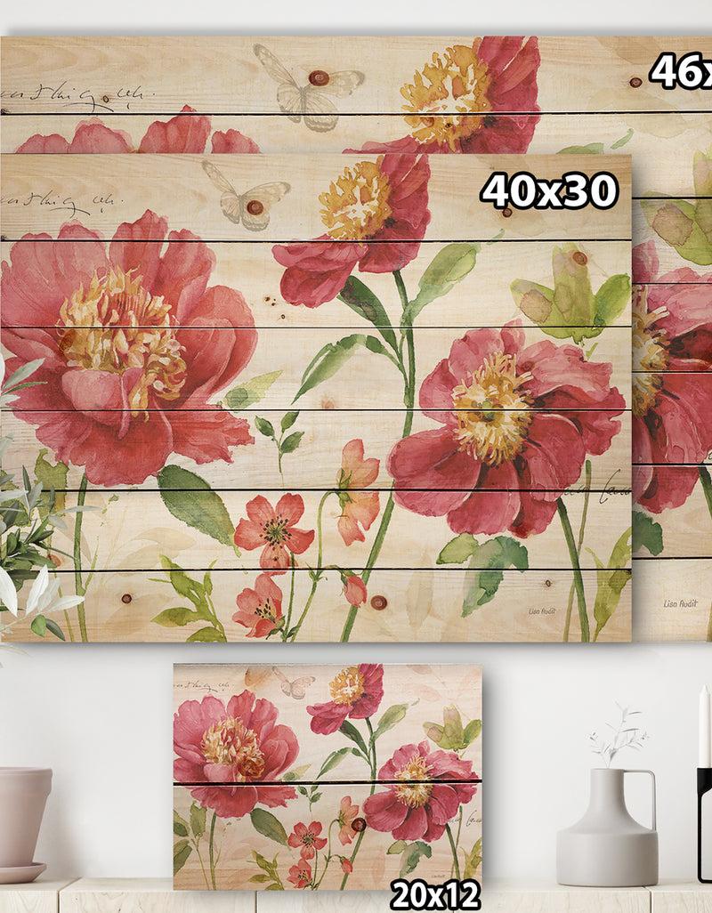DesignQ Red Springflowers And Butterfly - Cabin & Lodge Print On Natural Pine Wood