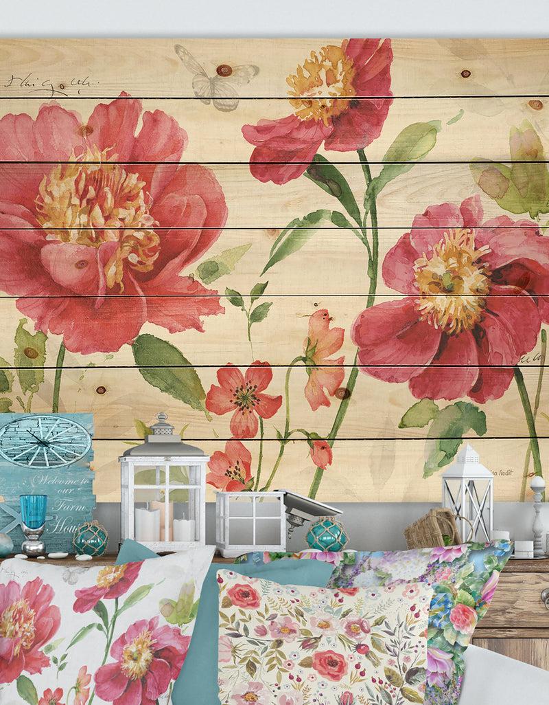 DesignQ Red Springflowers and Butterfly - Cabin & Lodge Print on Natural Pine Wood