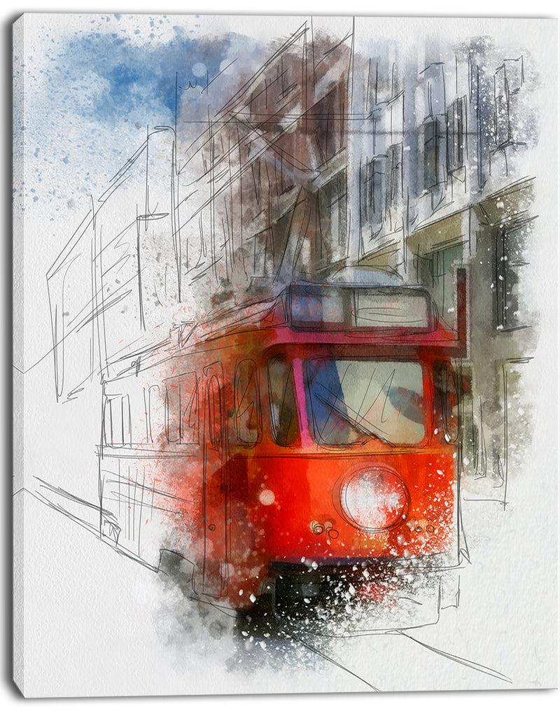 DesignQ Red Trolley Car Watercolor Sketch - Large Cityscape Artwork On Canvas
