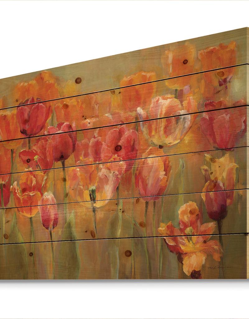 DesignQ Red Tulips - Traditional Print On Natural Pine Wood