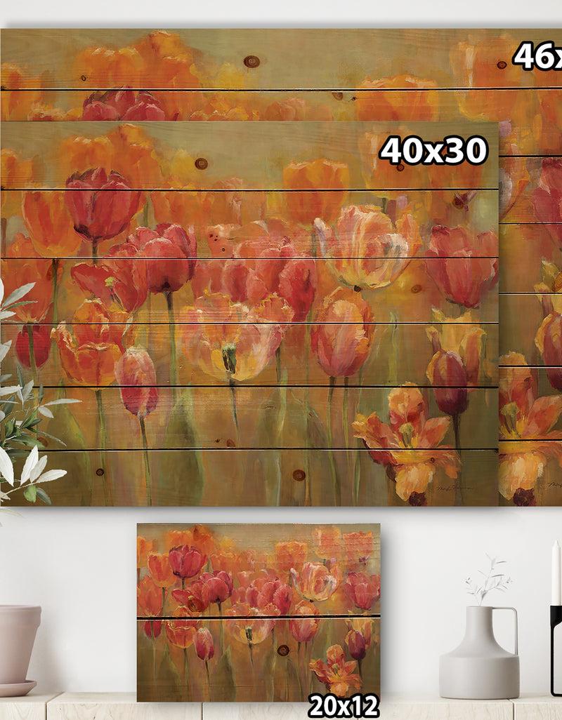 DesignQ Red Tulips - Traditional Print On Natural Pine Wood