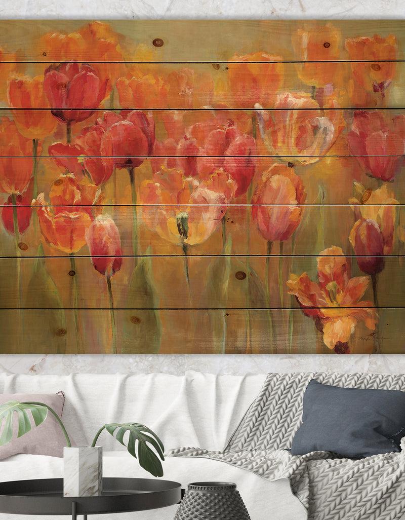 DesignQ Red Tulips - Traditional Print on Natural Pine Wood