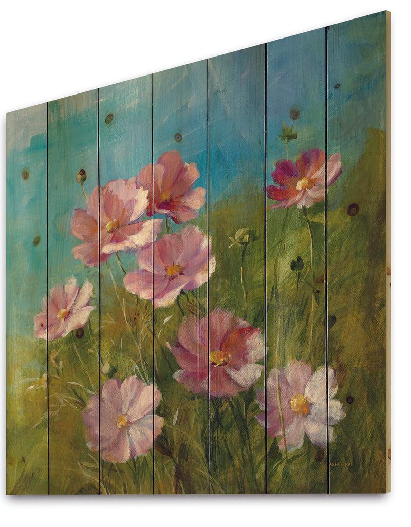 DesignQ Red Wildflowers On A Green Meadow - Traditional Print On Natural Pine Wood