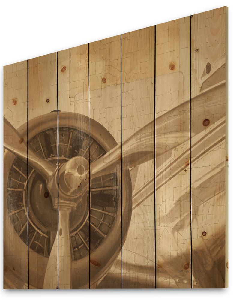 DesignQ Retro Airplanes Sepia - Vintage Transportation Print On Natural Pine Wood