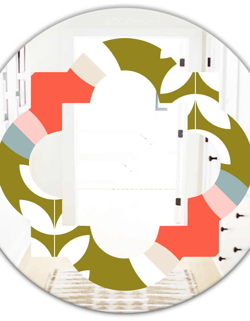 DesignQ Retro Botanical Pattern I - Modern Round Or Oval Wall Mirror - Quatrefoil