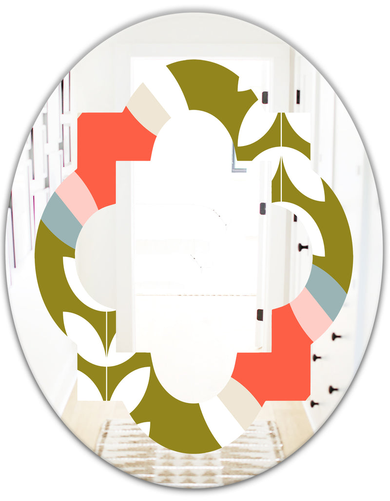 DesignQ Retro Botanical Pattern I - Modern Round Or Oval Wall Mirror - Quatrefoil