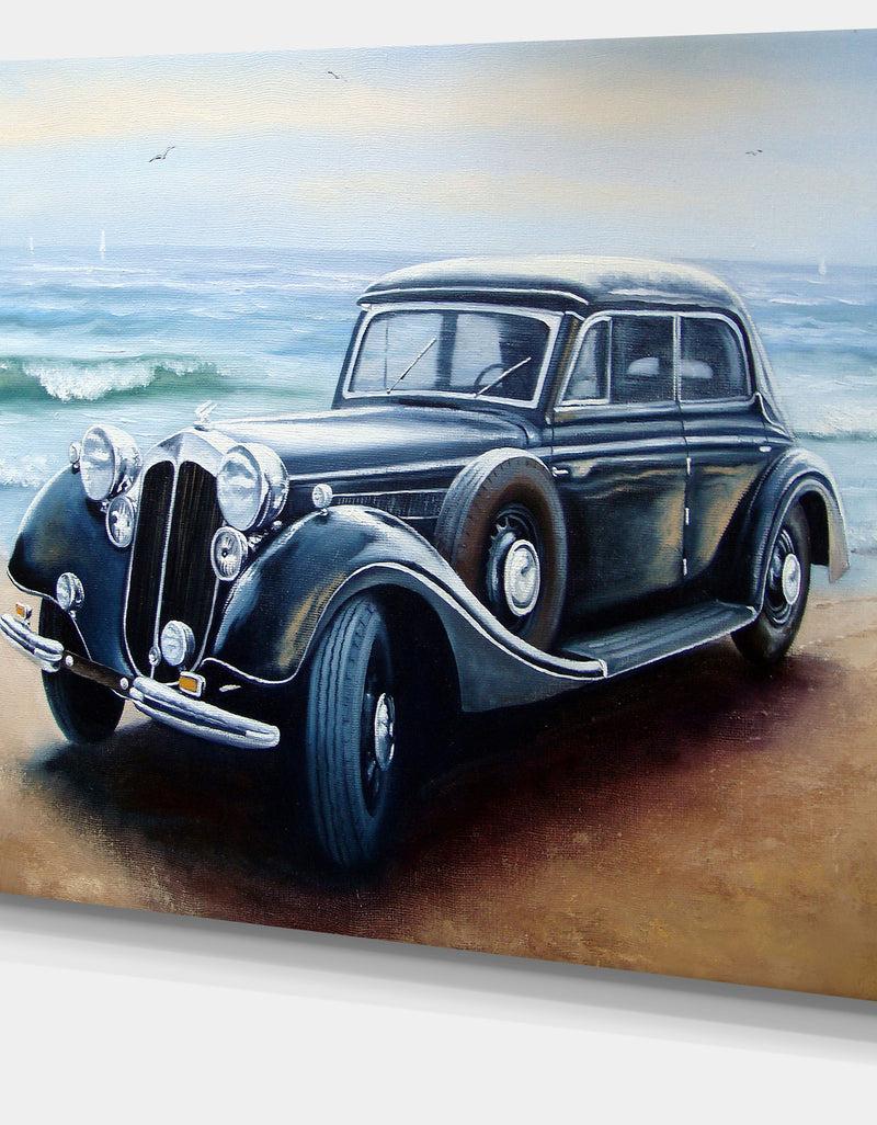 DesignQ Retro Car On Sea Shore - Car Painting Canvas Print