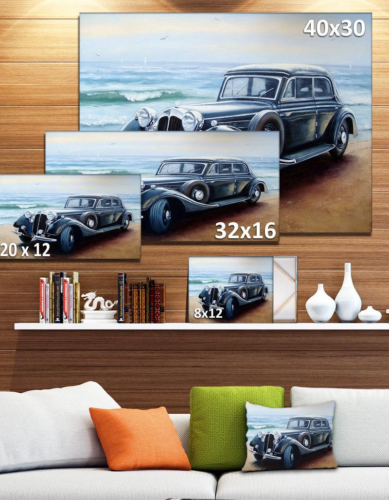 DesignQ Retro Car On Sea Shore - Car Painting Canvas Print