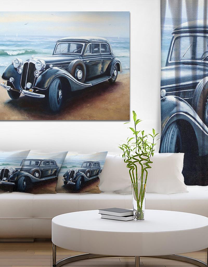 DesignQ Retro Car on Sea Shore - Car Painting Canvas Print