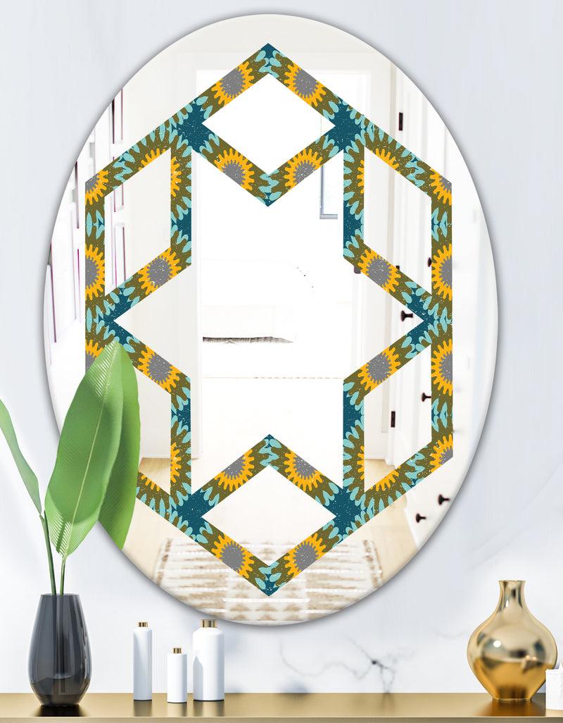 DesignQ Retro Circular Pattern I - Cottage Round Or Oval Wall Mirror - Hexagon Star