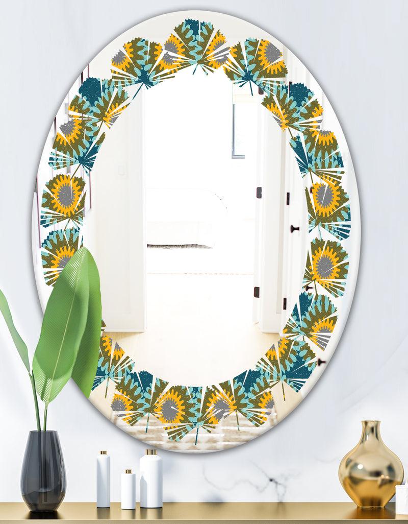 DesignQ Retro Circular Pattern I - Cottage Round Or Oval Wall Mirror - Leaves