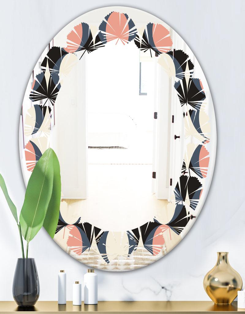 DesignQ Retro Circular Pattern II - Modern Round Or Oval Wall Mirror - Leaves