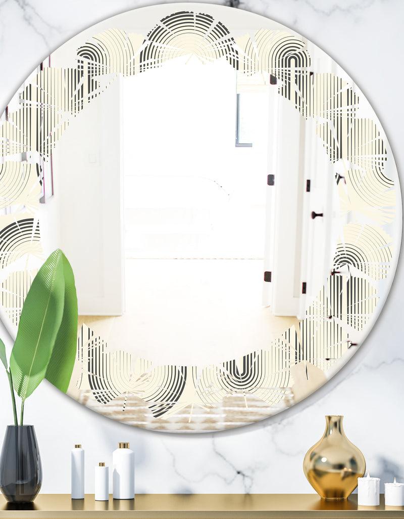DesignQ Retro Curved Minimal Geometric Ornament I - Modern Round or Oval Wall Mirror - Leaves