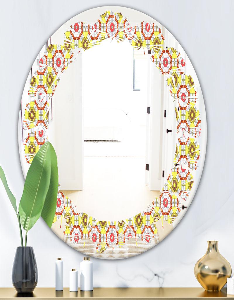 DesignQ Retro Ethnic Abstract Kaleidoscope Design - Modern Round Or Oval Wall Mirror - Leaves