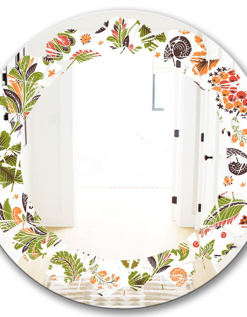 DesignQ Retro Fantasy Flowers I - Modern Round Or Oval Wall Mirror - Leaves