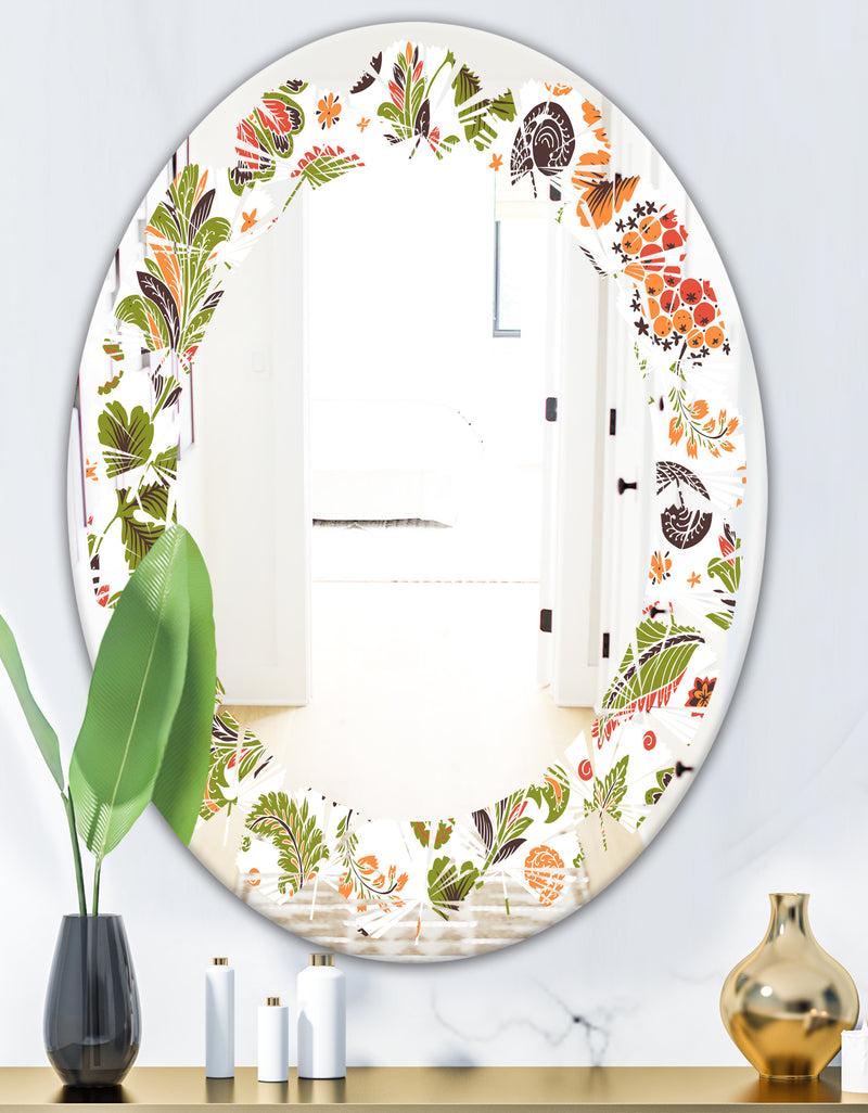 DesignQ Retro Fantasy Flowers I - Modern Round Or Oval Wall Mirror - Leaves