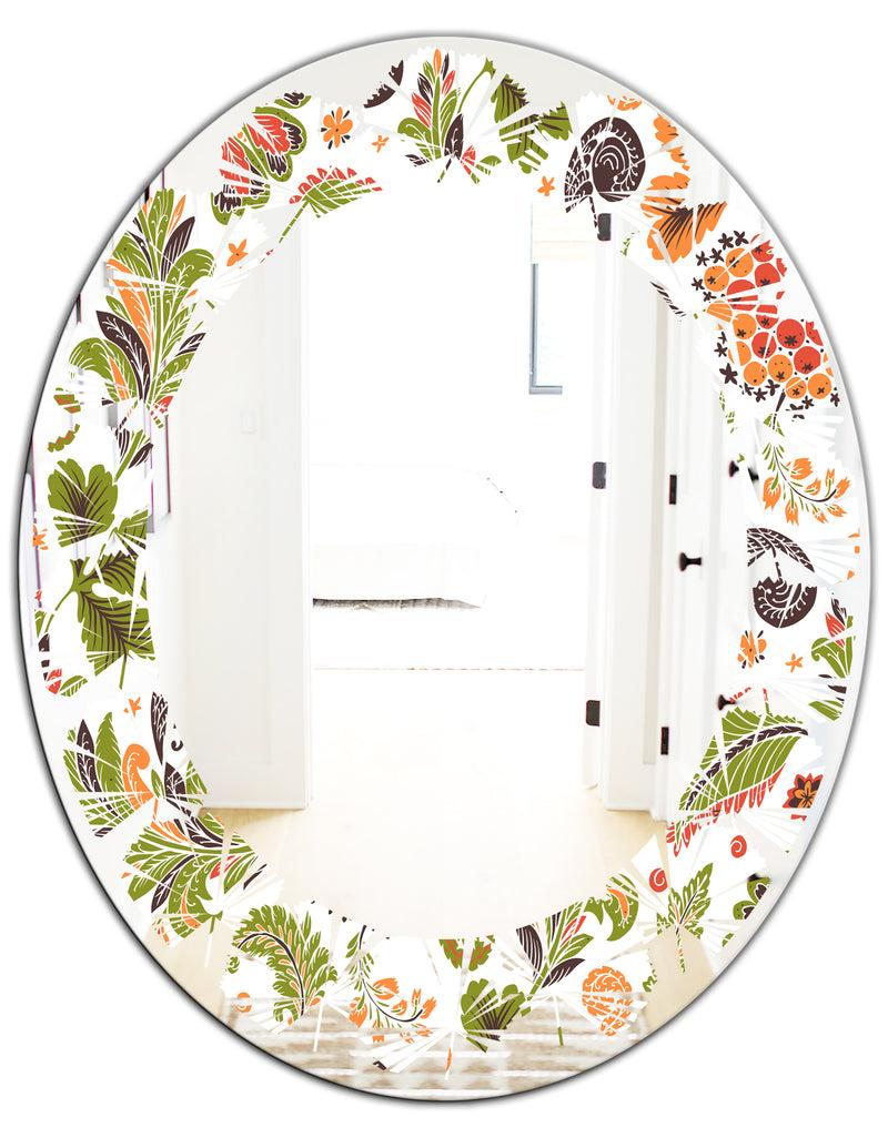 DesignQ Retro Fantasy Flowers I - Modern Round Or Oval Wall Mirror - Leaves