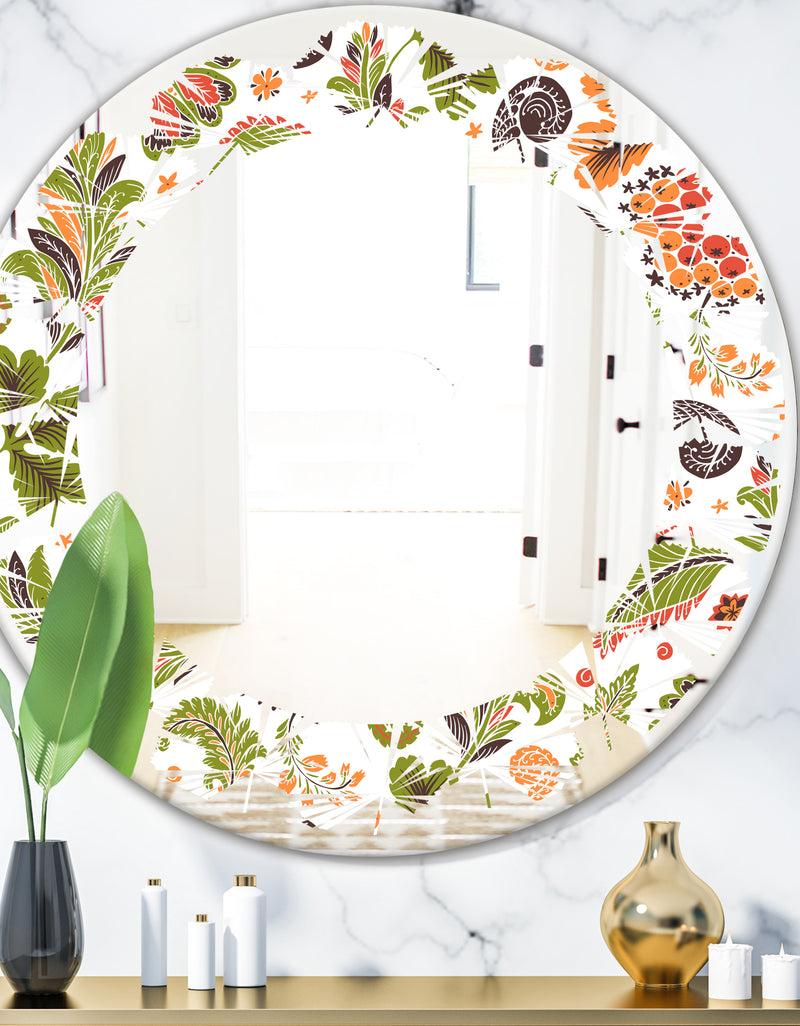 DesignQ Retro Fantasy Flowers I - Modern Round or Oval Wall Mirror - Leaves