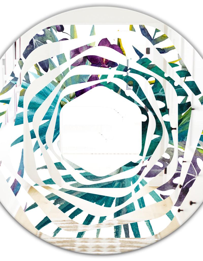 DesignQ Retro Floral Botanical Design II - Modern Round Or Oval Wall Mirror - Whirl