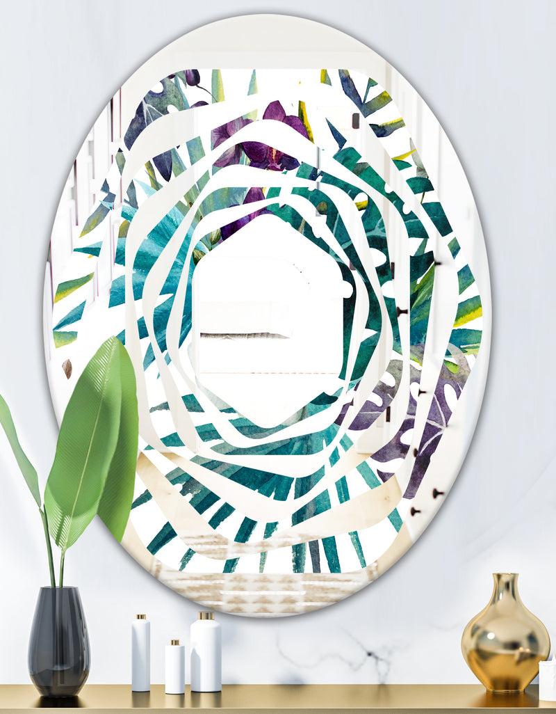 DesignQ Retro Floral Botanical Design II - Modern Round Or Oval Wall Mirror - Whirl