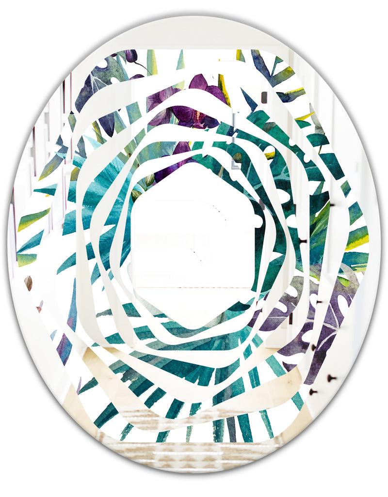 DesignQ Retro Floral Botanical Design II - Modern Round Or Oval Wall Mirror - Whirl