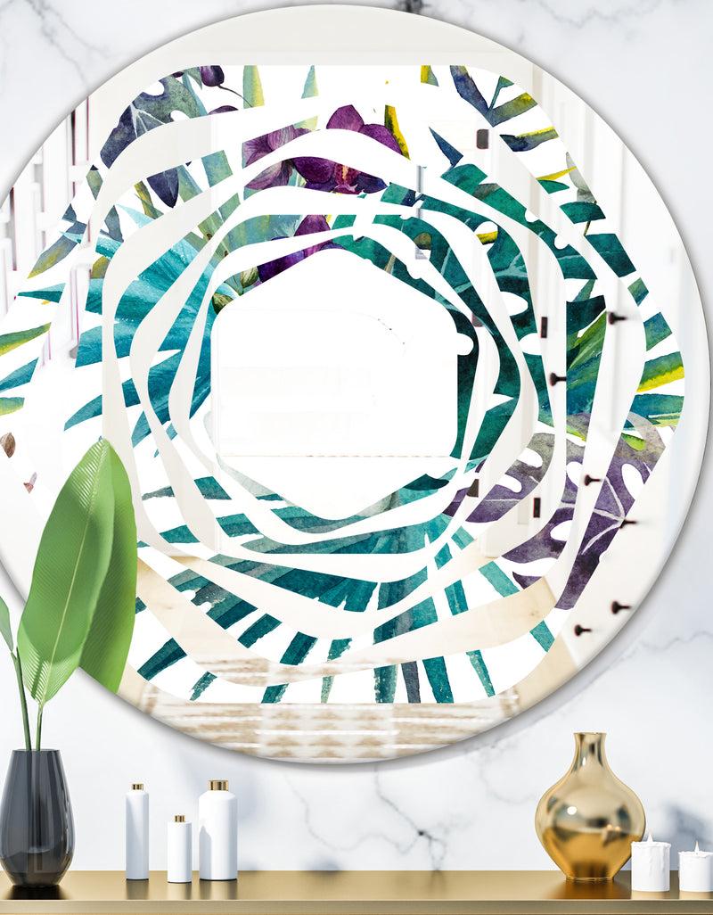 DesignQ Retro Floral Botanical Design II - Modern Round or Oval Wall Mirror - Whirl