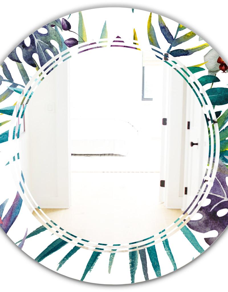 DesignQ Retro Floral Botanical Design II - Modern Round Or Oval Wall Mirror - Triple C