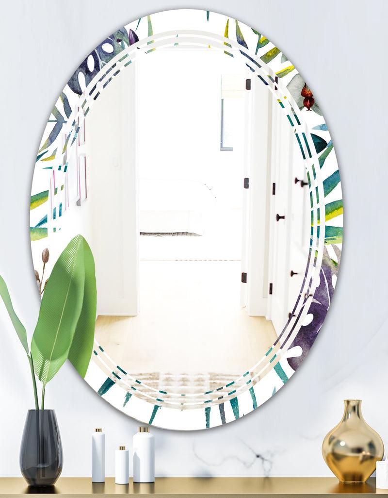 DesignQ Retro Floral Botanical Design II - Modern Round Or Oval Wall Mirror - Triple C