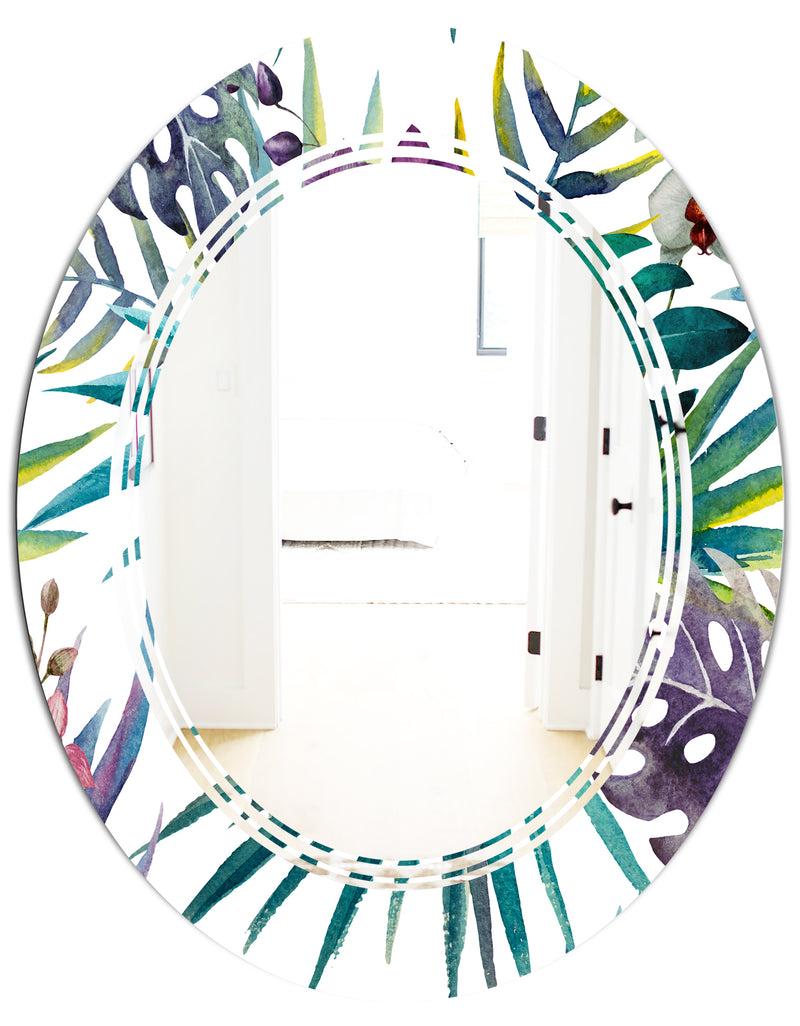 DesignQ Retro Floral Botanical Design II - Modern Round Or Oval Wall Mirror - Triple C