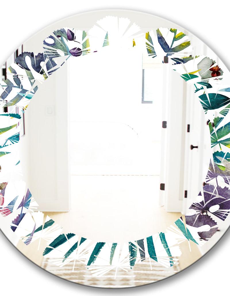 DesignQ Retro Floral Botanical Design II - Modern Round Or Oval Wall Mirror - Leaves