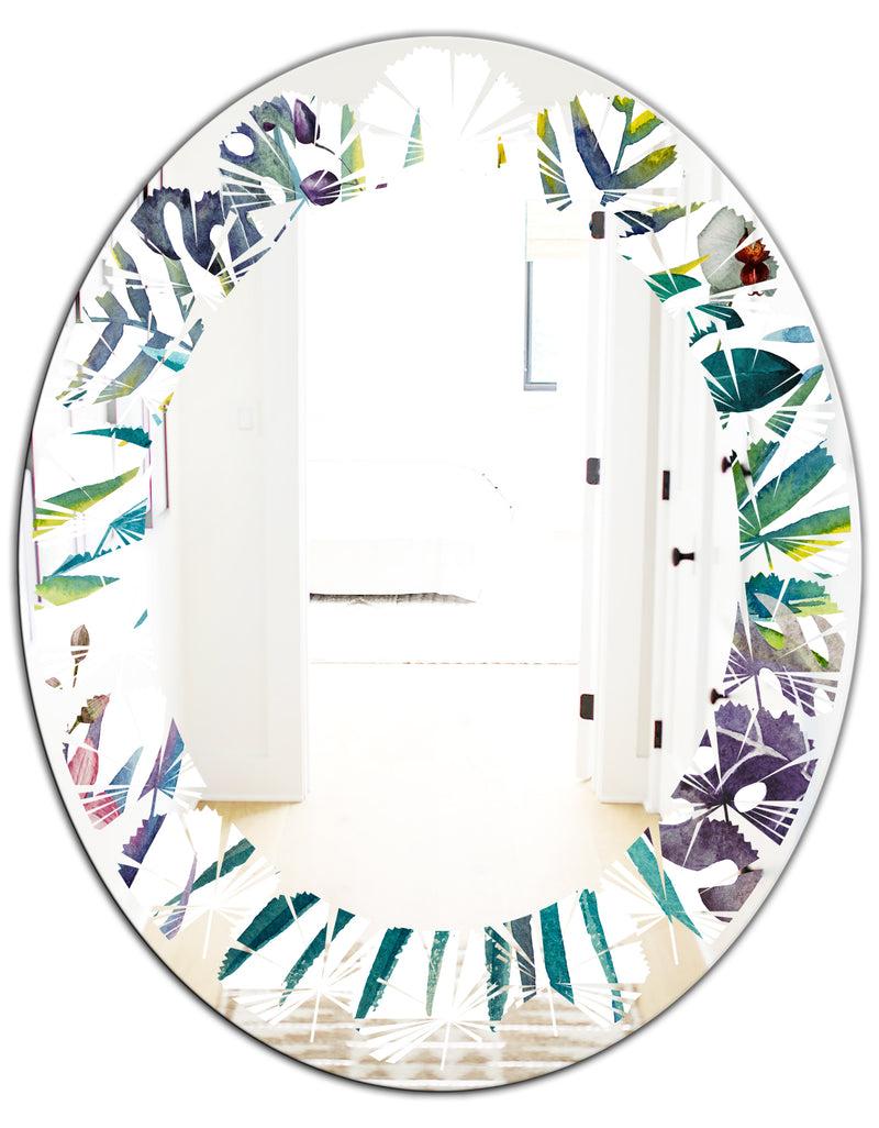 DesignQ Retro Floral Botanical Design II - Modern Round Or Oval Wall Mirror - Leaves