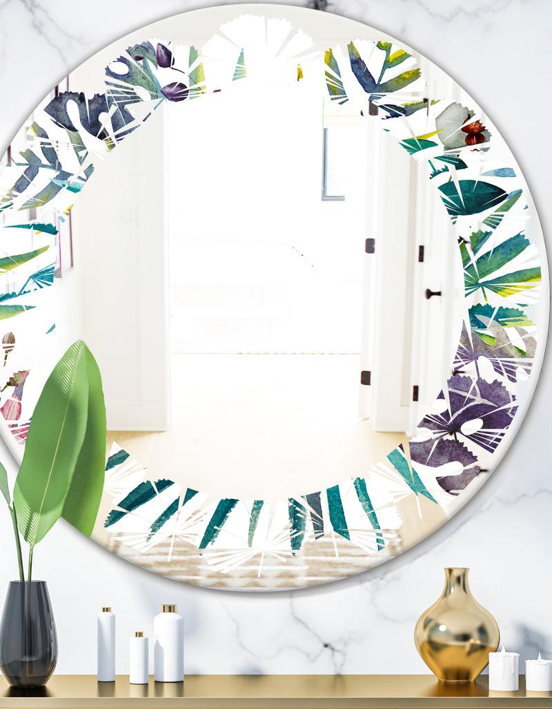 DesignQ Retro Floral Botanical Design II - Modern Round or Oval Wall Mirror - Leaves