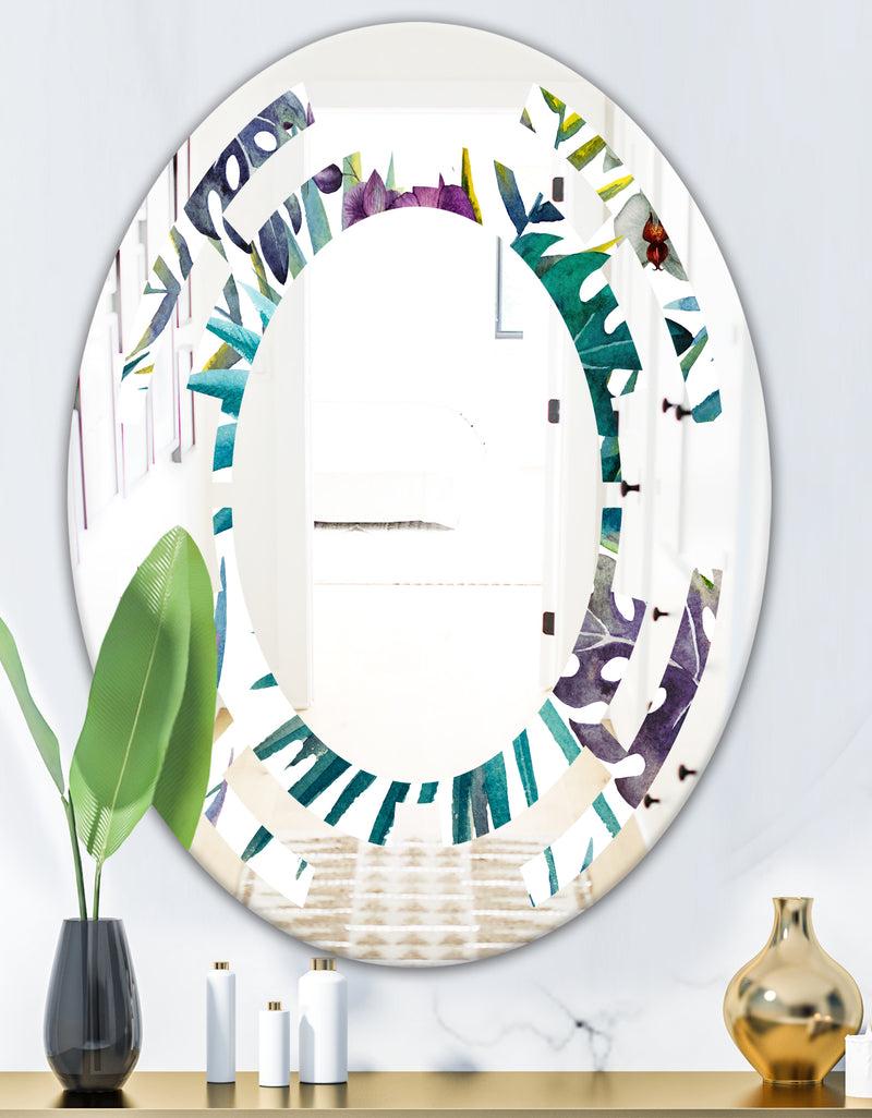DesignQ Retro Floral Botanical Design II - Modern Round Or Oval Wall Mirror - Space