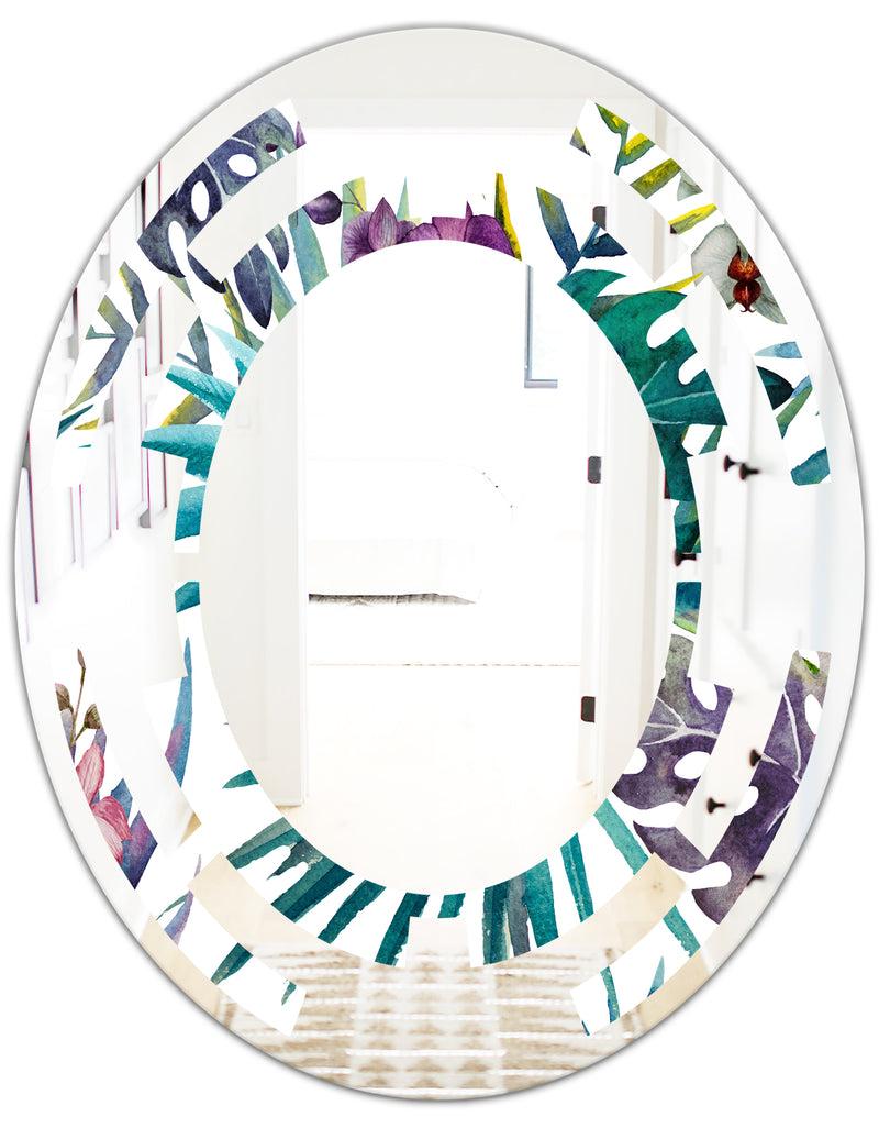 DesignQ Retro Floral Botanical Design II - Modern Round Or Oval Wall Mirror - Space