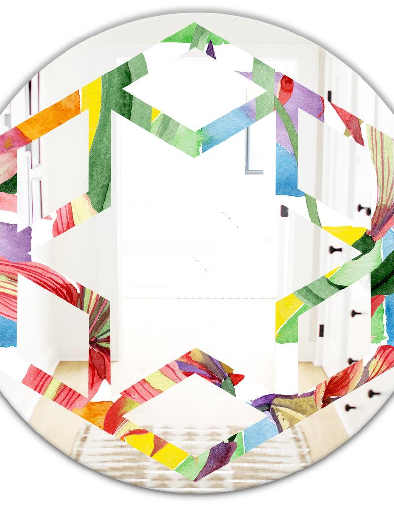 DesignQ Retro Floral Botanical I - Cottage Round Or Oval Wall Mirror - Hexagon Star