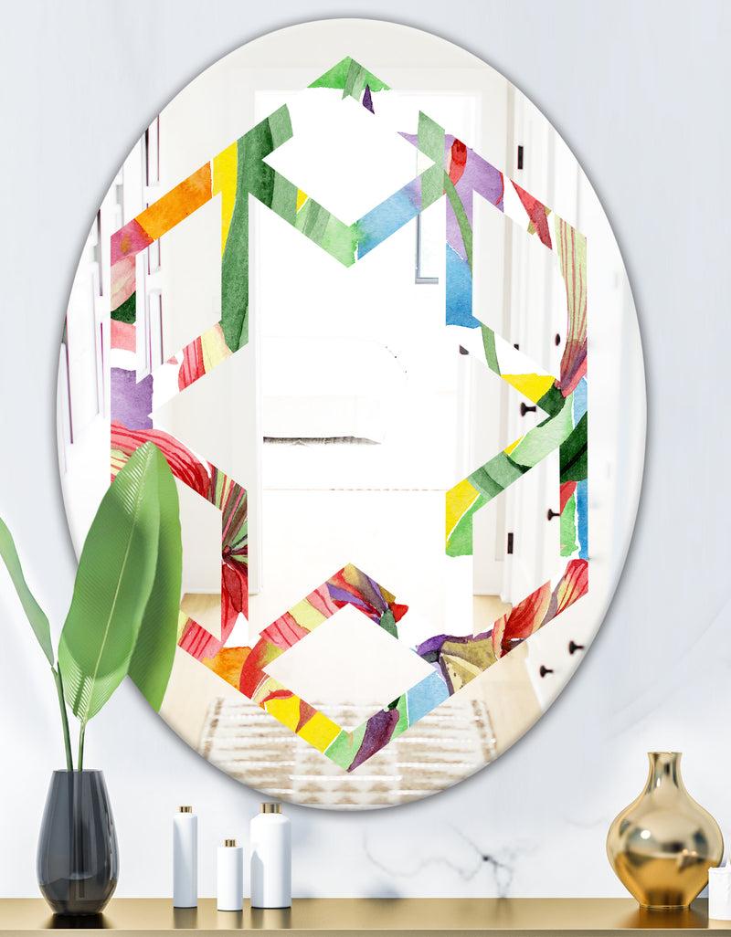 DesignQ Retro Floral Botanical I - Cottage Round Or Oval Wall Mirror - Hexagon Star