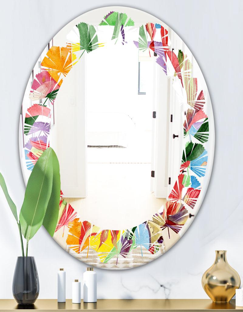 DesignQ Retro Floral Botanical I - Cottage Round Or Oval Wall Mirror - Leaves