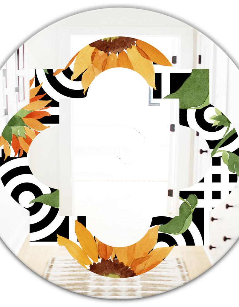 DesignQ Retro Floral Botanical II - Modern Round Or Oval Wall Mirror - Quatrefoil
