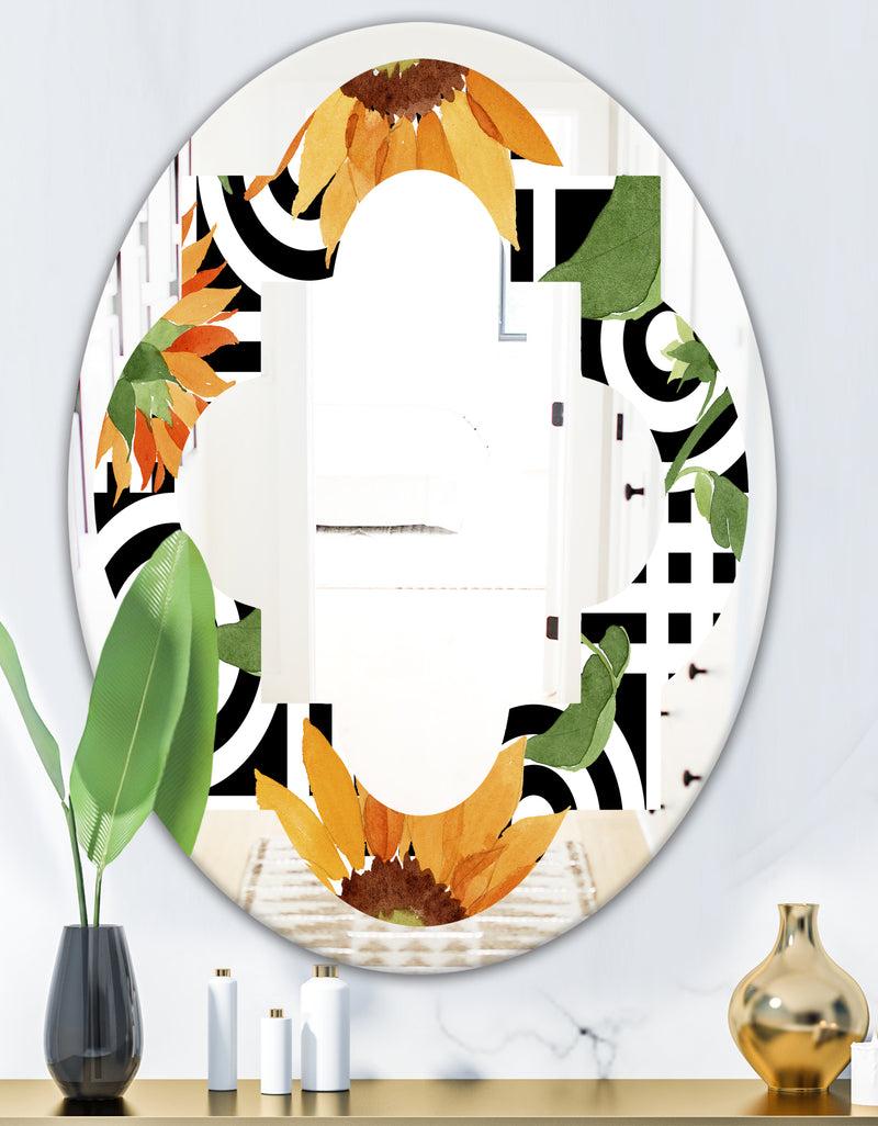 DesignQ Retro Floral Botanical II - Modern Round Or Oval Wall Mirror - Quatrefoil
