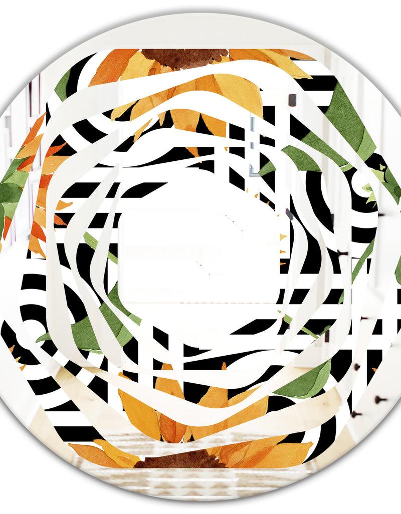 DesignQ Retro Floral Botanical II - Modern Round Or Oval Wall Mirror - Whirl