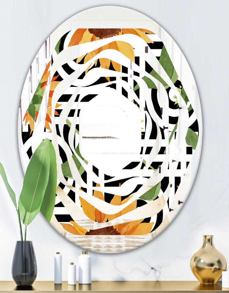 DesignQ Retro Floral Botanical II - Modern Round Or Oval Wall Mirror - Whirl