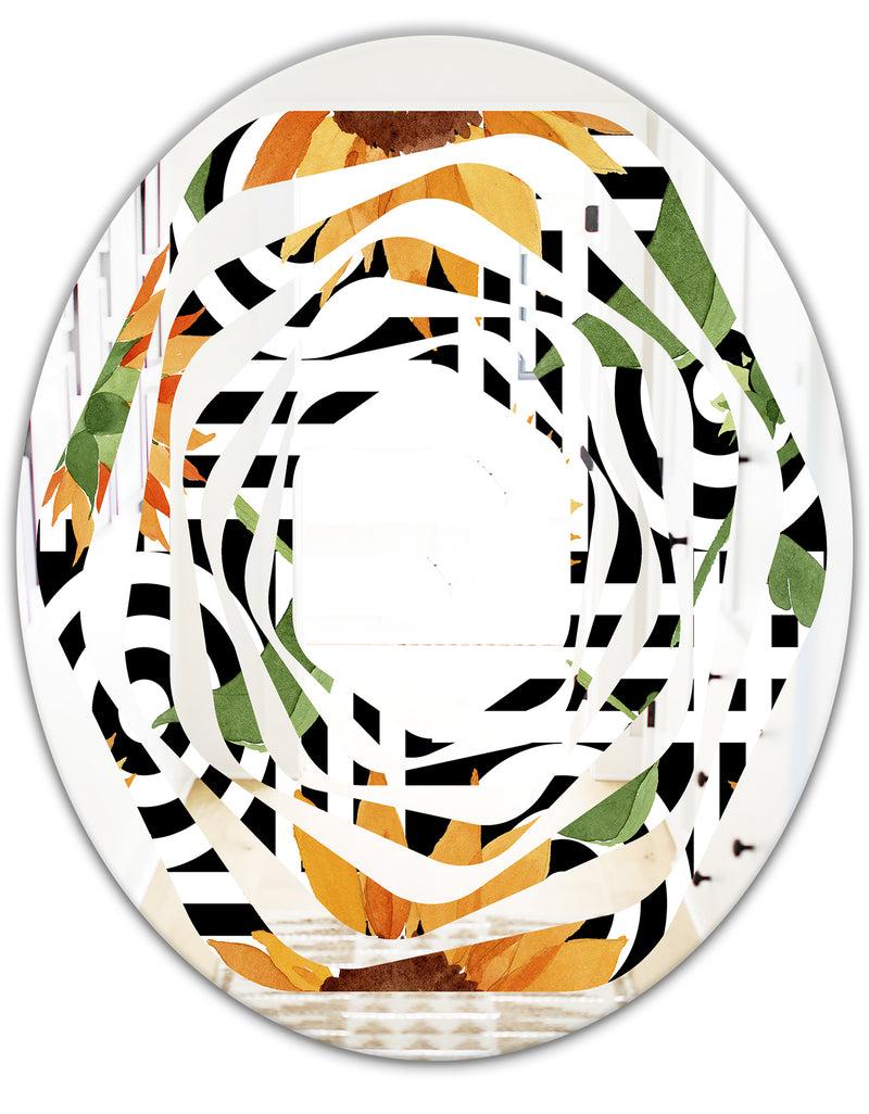 DesignQ Retro Floral Botanical II - Modern Round Or Oval Wall Mirror - Whirl
